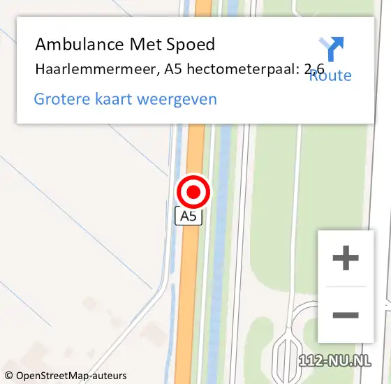 Locatie op kaart van de 112 melding: Ambulance Met Spoed Naar Haarlemmermeer, A5 hectometerpaal: 2,6 op 7 april 2024 09:45