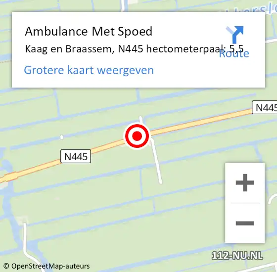 Locatie op kaart van de 112 melding: Ambulance Met Spoed Naar Kaag en Braassem, N445 hectometerpaal: 5,5 op 7 april 2024 11:50