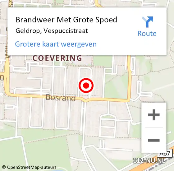 Locatie op kaart van de 112 melding: Brandweer Met Grote Spoed Naar Geldrop, Vespuccistraat op 7 april 2024 14:09