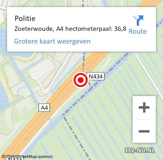 Locatie op kaart van de 112 melding: Politie Zoeterwoude, A4 hectometerpaal: 36,8 op 7 april 2024 15:07