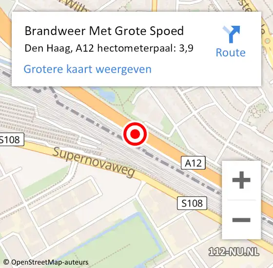 Locatie op kaart van de 112 melding: Brandweer Met Grote Spoed Naar Den Haag, A12 hectometerpaal: 3,9 op 7 april 2024 17:52