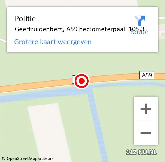 Locatie op kaart van de 112 melding: Politie Geertruidenberg, A59 hectometerpaal: 105,3 op 7 april 2024 17:52