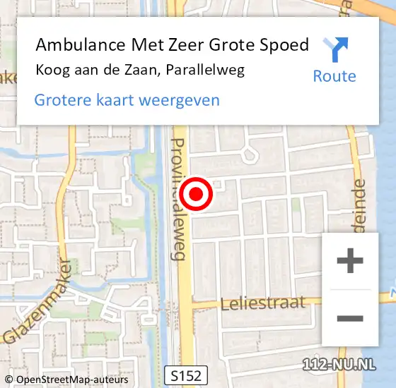 Locatie op kaart van de 112 melding: Ambulance Met Zeer Grote Spoed Naar Koog aan de Zaan, Parallelweg op 7 april 2024 18:01