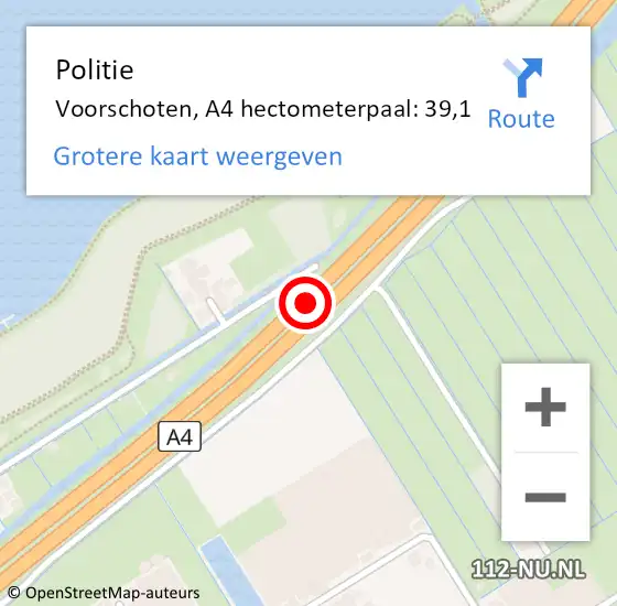 Locatie op kaart van de 112 melding: Politie Voorschoten, A4 hectometerpaal: 39,1 op 7 april 2024 20:59