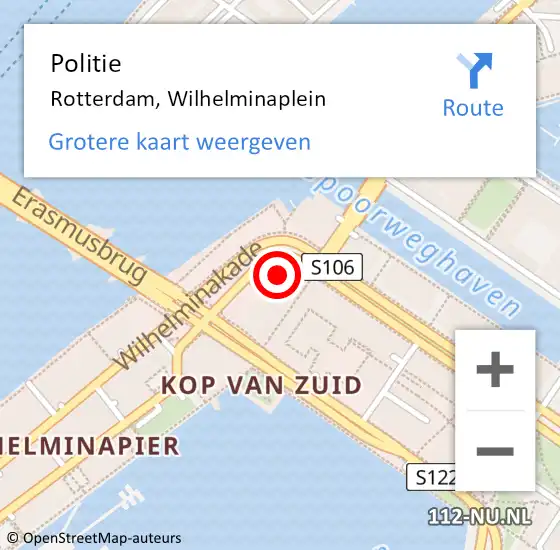 Locatie op kaart van de 112 melding: Politie Rotterdam, Wilhelminaplein op 7 april 2024 22:42
