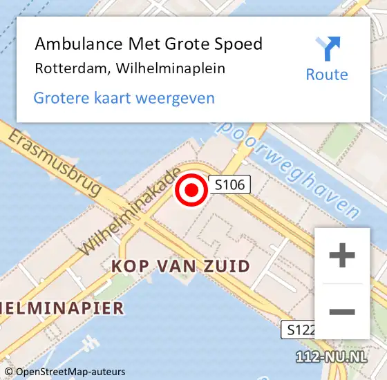 Locatie op kaart van de 112 melding: Ambulance Met Grote Spoed Naar Rotterdam, Wilhelminaplein op 7 april 2024 22:44