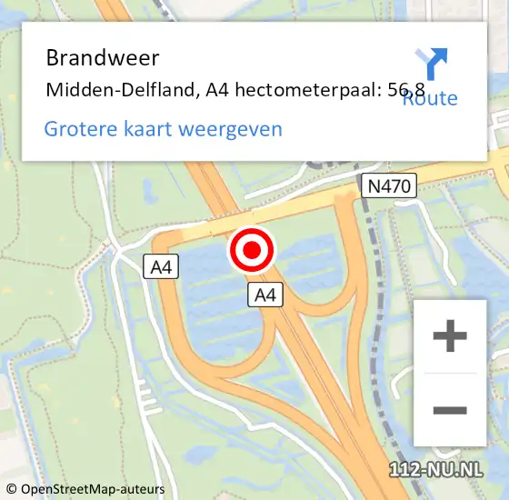 Locatie op kaart van de 112 melding: Brandweer Midden-Delfland, A4 hectometerpaal: 56,8 op 8 april 2024 01:24