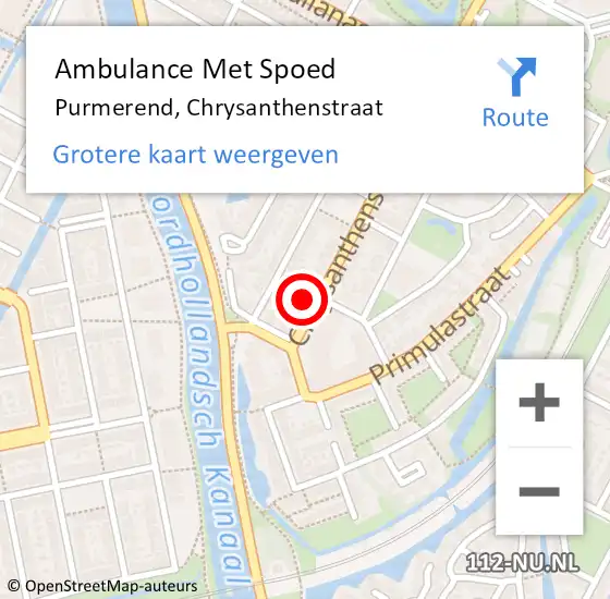 Locatie op kaart van de 112 melding: Ambulance Met Spoed Naar Purmerend, Chrysanthenstraat op 8 april 2024 03:47