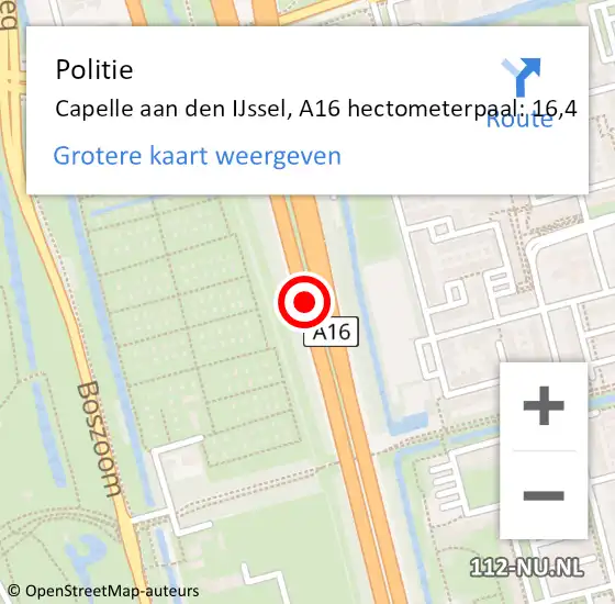 Locatie op kaart van de 112 melding: Politie Capelle aan den IJssel, A16 hectometerpaal: 16,4 op 8 april 2024 07:32