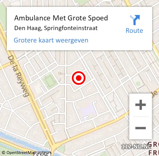 Locatie op kaart van de 112 melding: Ambulance Met Grote Spoed Naar Den Haag, Springfonteinstraat op 8 april 2024 09:27