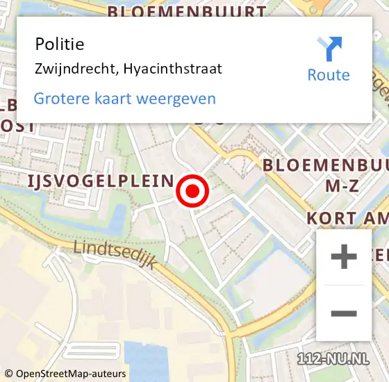 Locatie op kaart van de 112 melding: Politie Zwijndrecht, Hyacinthstraat op 8 april 2024 14:09