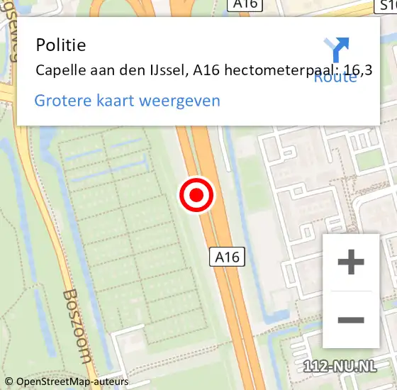 Locatie op kaart van de 112 melding: Politie Capelle aan den IJssel, A16 hectometerpaal: 16,3 op 8 april 2024 15:34