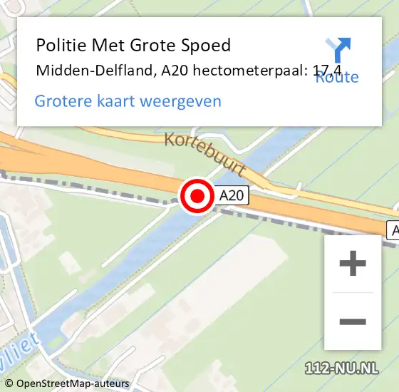 Locatie op kaart van de 112 melding: Politie Met Grote Spoed Naar Midden-Delfland, A20 hectometerpaal: 17,4 op 8 april 2024 16:21