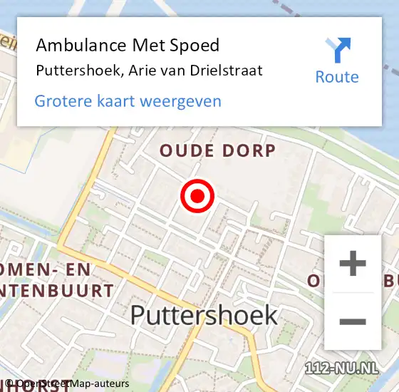 Locatie op kaart van de 112 melding: Ambulance Met Spoed Naar Puttershoek, Arie van Drielstraat op 8 april 2024 17:05