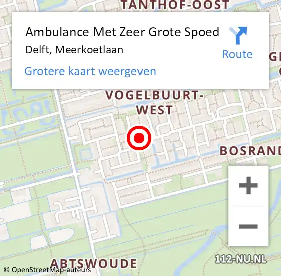 Locatie op kaart van de 112 melding: Ambulance Met Zeer Grote Spoed Naar Delft, Meerkoetlaan op 8 april 2024 22:27