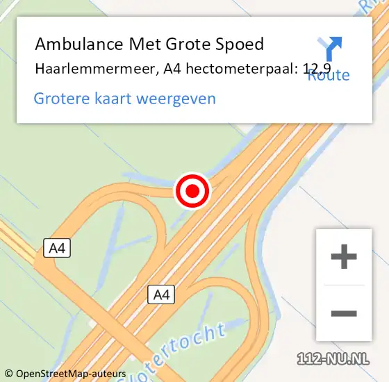 Locatie op kaart van de 112 melding: Ambulance Met Grote Spoed Naar Haarlemmermeer, A4 hectometerpaal: 12,9 op 9 april 2024 00:03