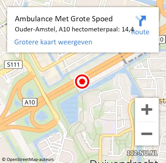 Locatie op kaart van de 112 melding: Ambulance Met Grote Spoed Naar Ouder-Amstel, A10 hectometerpaal: 14,4 op 9 april 2024 00:09