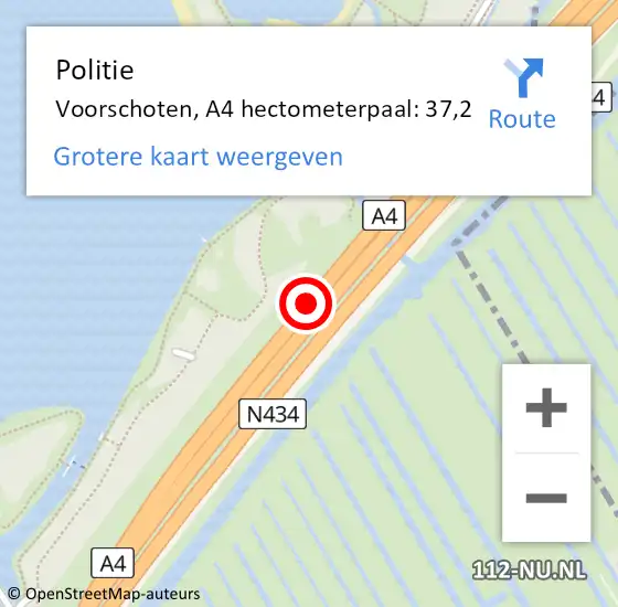 Locatie op kaart van de 112 melding: Politie Voorschoten, A4 hectometerpaal: 37,2 op 9 april 2024 03:04