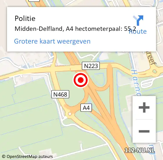 Locatie op kaart van de 112 melding: Politie Midden-Delfland, A4 hectometerpaal: 55,2 op 9 april 2024 04:56