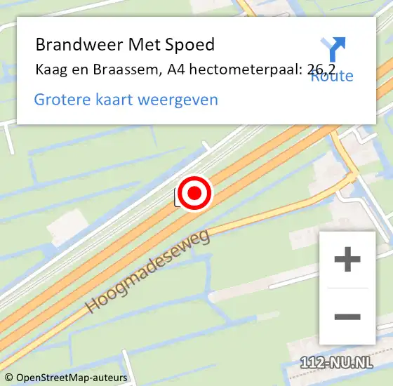 Locatie op kaart van de 112 melding: Brandweer Met Spoed Naar Kaag en Braassem, A4 hectometerpaal: 26,2 op 9 april 2024 05:30