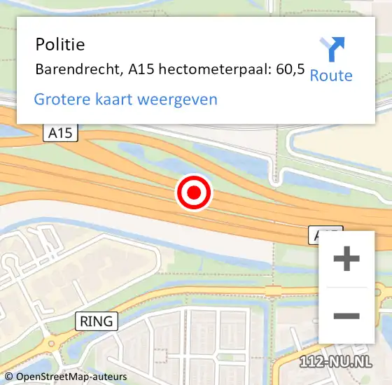 Locatie op kaart van de 112 melding: Politie Barendrecht, A15 hectometerpaal: 60,5 op 9 april 2024 07:03