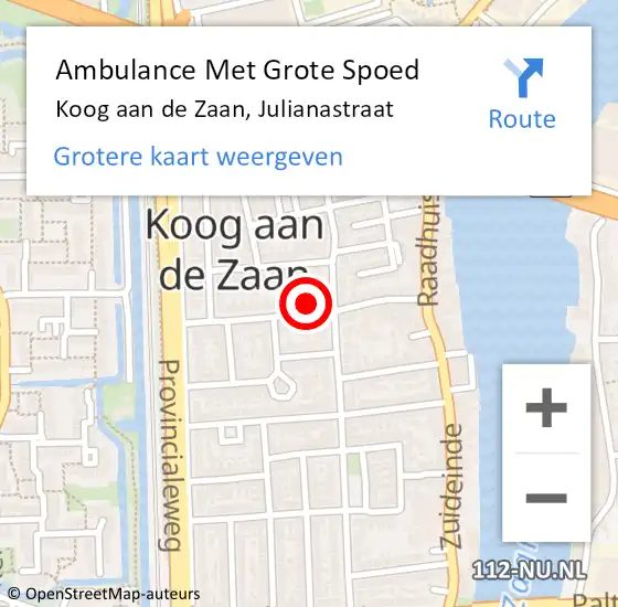 Locatie op kaart van de 112 melding: Ambulance Met Grote Spoed Naar Koog aan de Zaan, Julianastraat op 9 april 2024 07:07