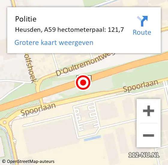 Locatie op kaart van de 112 melding: Politie Heusden, A59 hectometerpaal: 121,7 op 9 april 2024 08:56