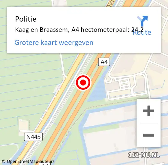 Locatie op kaart van de 112 melding: Politie Kaag en Braassem, A4 hectometerpaal: 24,2 op 9 april 2024 09:58