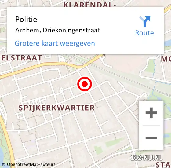 Locatie op kaart van de 112 melding: Politie Arnhem, Driekoningenstraat op 9 april 2024 10:46