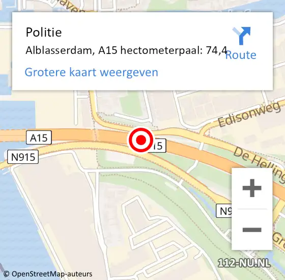 Locatie op kaart van de 112 melding: Politie Alblasserdam, A15 hectometerpaal: 74,4 op 9 april 2024 12:23