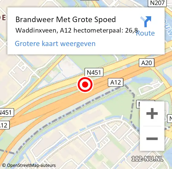 Locatie op kaart van de 112 melding: Brandweer Met Grote Spoed Naar Waddinxveen, A12 hectometerpaal: 26,8 op 9 april 2024 13:12