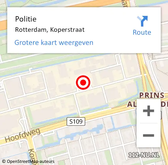 Locatie op kaart van de 112 melding: Politie Rotterdam, Koperstraat op 9 april 2024 13:27