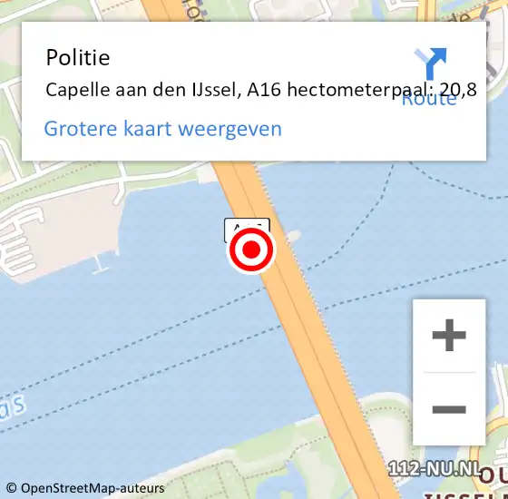 Locatie op kaart van de 112 melding: Politie Capelle aan den IJssel, A16 hectometerpaal: 20,8 op 9 april 2024 14:04