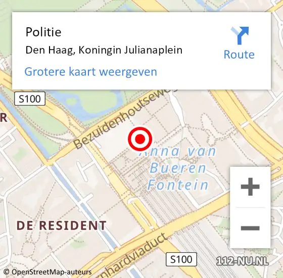 Locatie op kaart van de 112 melding: Politie Den Haag, Koningin Julianaplein op 9 april 2024 15:28