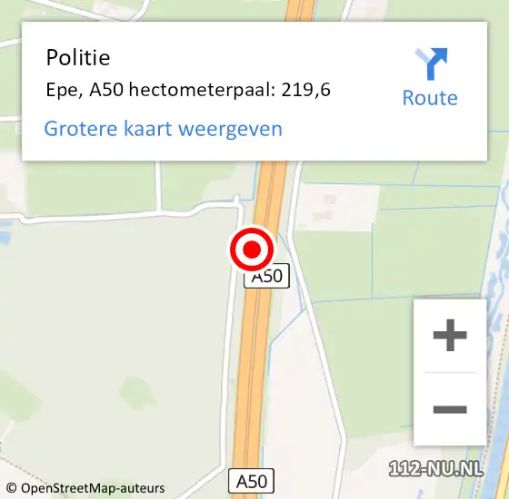 Locatie op kaart van de 112 melding: Politie Epe, A50 hectometerpaal: 219,6 op 9 april 2024 17:23