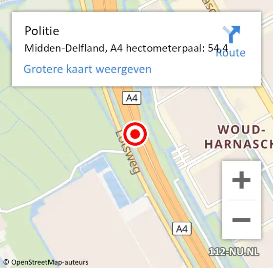 Locatie op kaart van de 112 melding: Politie Midden-Delfland, A4 hectometerpaal: 54,4 op 9 april 2024 17:30