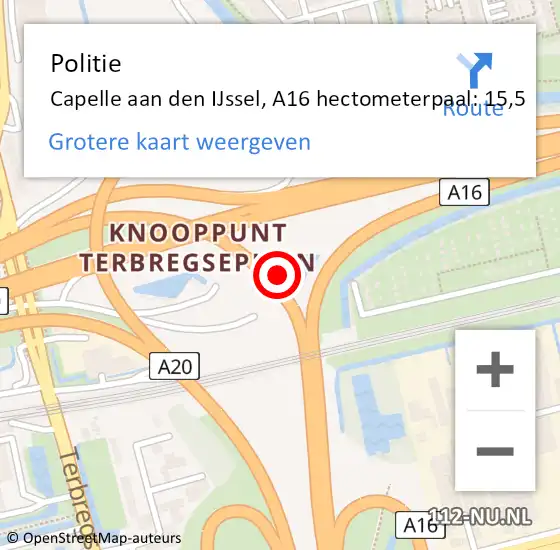 Locatie op kaart van de 112 melding: Politie Capelle aan den IJssel, A16 hectometerpaal: 15,5 op 9 april 2024 20:01
