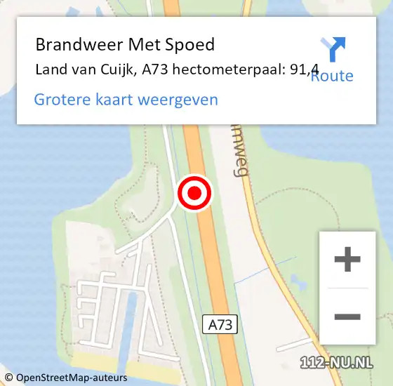 Locatie op kaart van de 112 melding: Brandweer Met Spoed Naar Land van Cuijk, A73 hectometerpaal: 91,4 op 10 april 2024 04:31