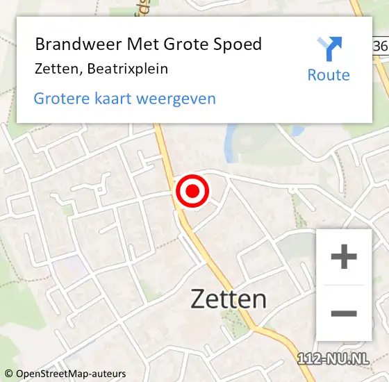 Locatie op kaart van de 112 melding: Brandweer Met Grote Spoed Naar Zetten, Beatrixplein op 10 april 2024 07:24