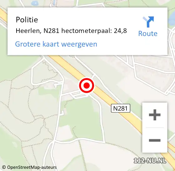 Locatie op kaart van de 112 melding: Politie Heerlen, N281 hectometerpaal: 24,8 op 10 april 2024 09:44