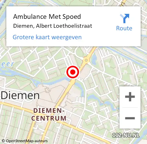 Locatie op kaart van de 112 melding: Ambulance Met Spoed Naar Diemen, Albert Loethoelistraat op 10 april 2024 09:58