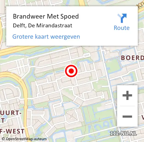 Locatie op kaart van de 112 melding: Brandweer Met Spoed Naar Delft, De Mirandastraat op 10 april 2024 10:42