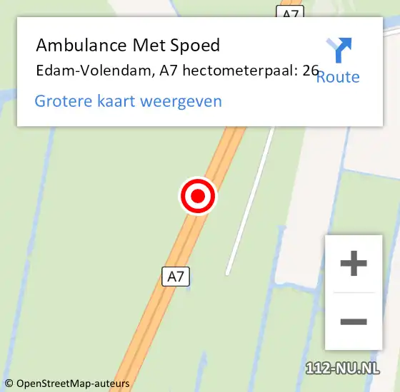 Locatie op kaart van de 112 melding: Ambulance Met Spoed Naar Edam-Volendam, A7 hectometerpaal: 26 op 10 april 2024 13:18