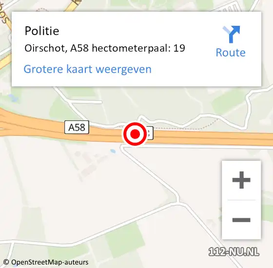 Locatie op kaart van de 112 melding: Politie Oirschot, A58 hectometerpaal: 19 op 10 april 2024 14:11