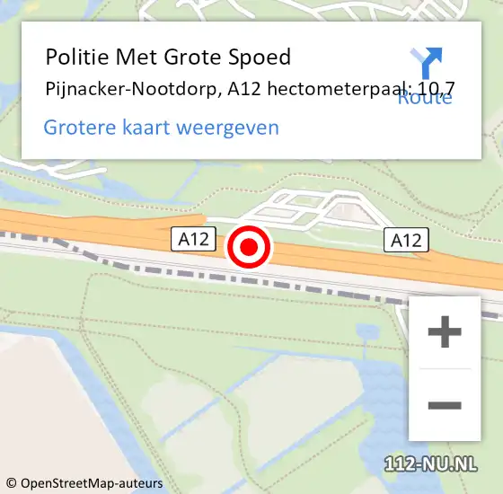 Locatie op kaart van de 112 melding: Politie Met Grote Spoed Naar Pijnacker-Nootdorp, A12 hectometerpaal: 10,7 op 10 april 2024 15:47