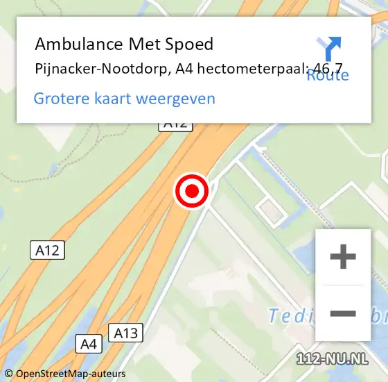 Locatie op kaart van de 112 melding: Ambulance Met Spoed Naar Pijnacker-Nootdorp, A4 hectometerpaal: 46,7 op 10 april 2024 16:42