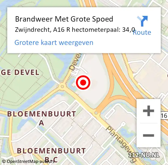 Locatie op kaart van de 112 melding: Brandweer Met Grote Spoed Naar Zwijndrecht, A16 R hectometerpaal: 34,0 op 2 oktober 2014 03:13