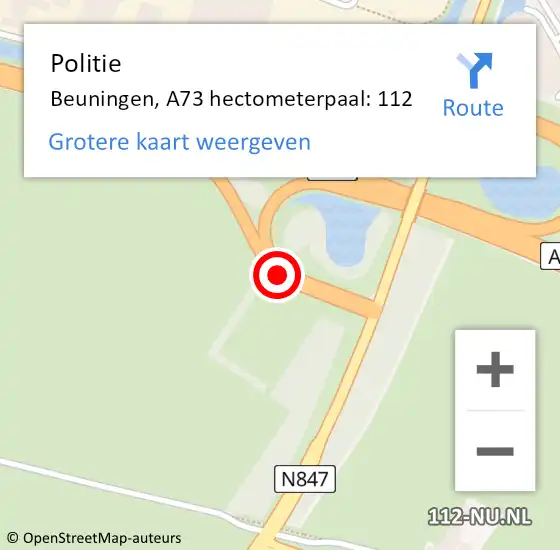 Locatie op kaart van de 112 melding: Politie Beuningen, A73 hectometerpaal: 112 op 10 april 2024 17:21