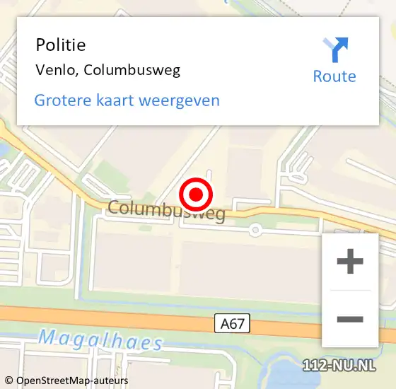 Locatie op kaart van de 112 melding: Politie Venlo, Columbusweg op 10 april 2024 17:43