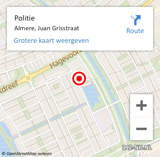 Locatie op kaart van de 112 melding: Politie Almere, Juan Grisstraat op 10 april 2024 18:01